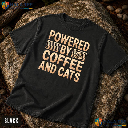Powered By Coffee Cats Garment-Dyed T-Shirt Funny Pet Lover Graphic Top