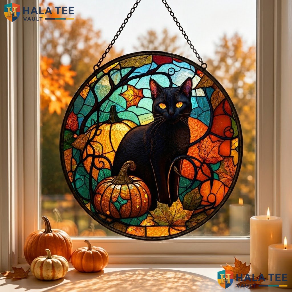 Proud Black Cat Halloween Stained Glass Suncatcher Autumn Leaf Pumpkin Accent