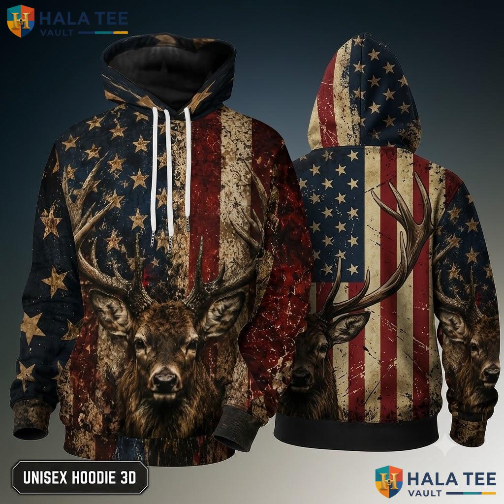 Proud Deer American Flag Christmas 3D Hoodie Patriotic Mens Outfit