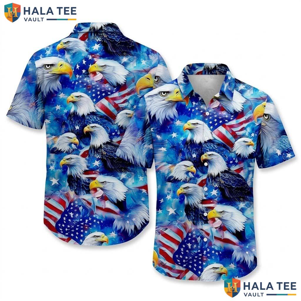 Proud Eagle American Hawaiian Shirt Patriotic Vibrant Flag Background Top