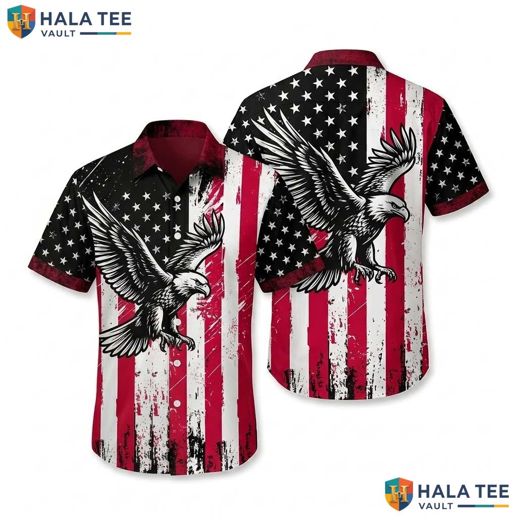 Proud Eagle Vintage Hawaiian Shirt Patriotic Eagle Graphic Button Down Top