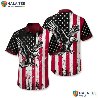 Proud Eagle Vintage Hawaiian Shirt Patriotic Eagle Graphic Button Down Top