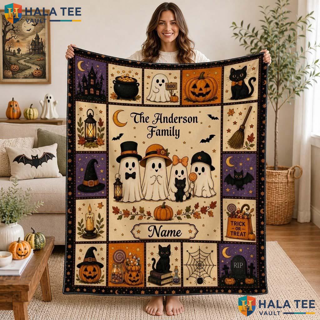 Proud Ghost Halloween Blanket Custom Name Playful Pumpkin Family Throw