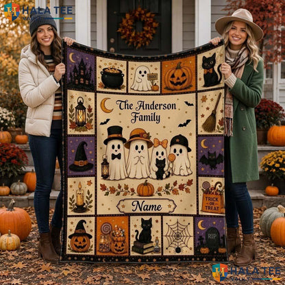 Proud Ghost Halloween Blanket Custom Name Playful Pumpkin Family Throw