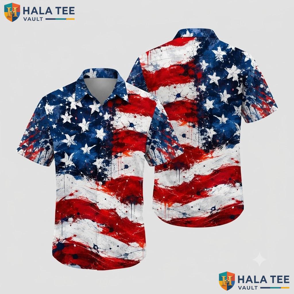 Proud Patriotic Americana Hawaiian Shirt Vibrant Red Blue Star Casual Top