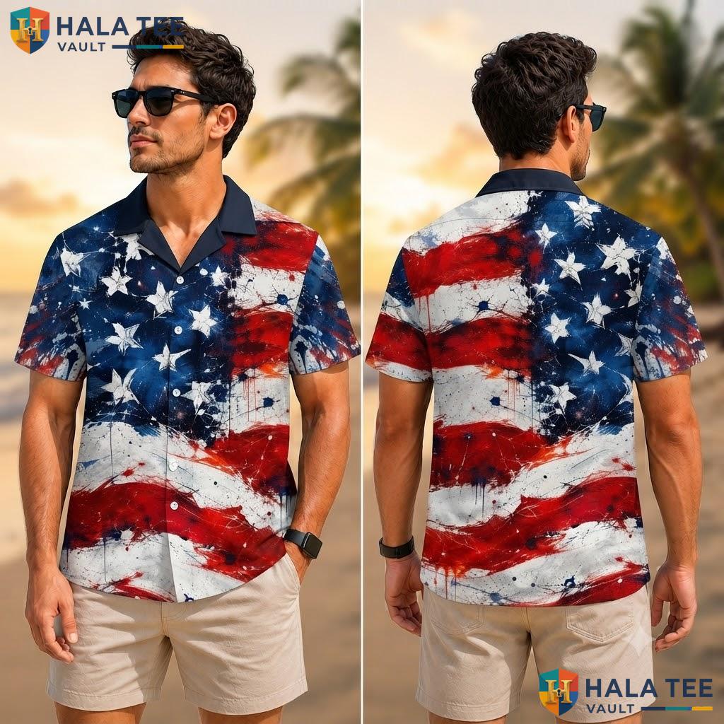 Proud Patriotic Americana Hawaiian Shirt Vibrant Red Blue Star Casual Top Adult