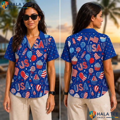 Proud Patriotic Festive Hawaiian Shirt American Flag Fun Pattern Beach Top Adult