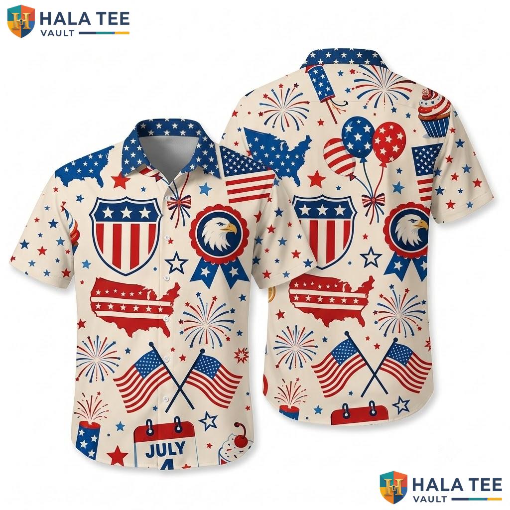 Proud Patriotic Independence Hawaiian Shirt Festive Red White Blue Top