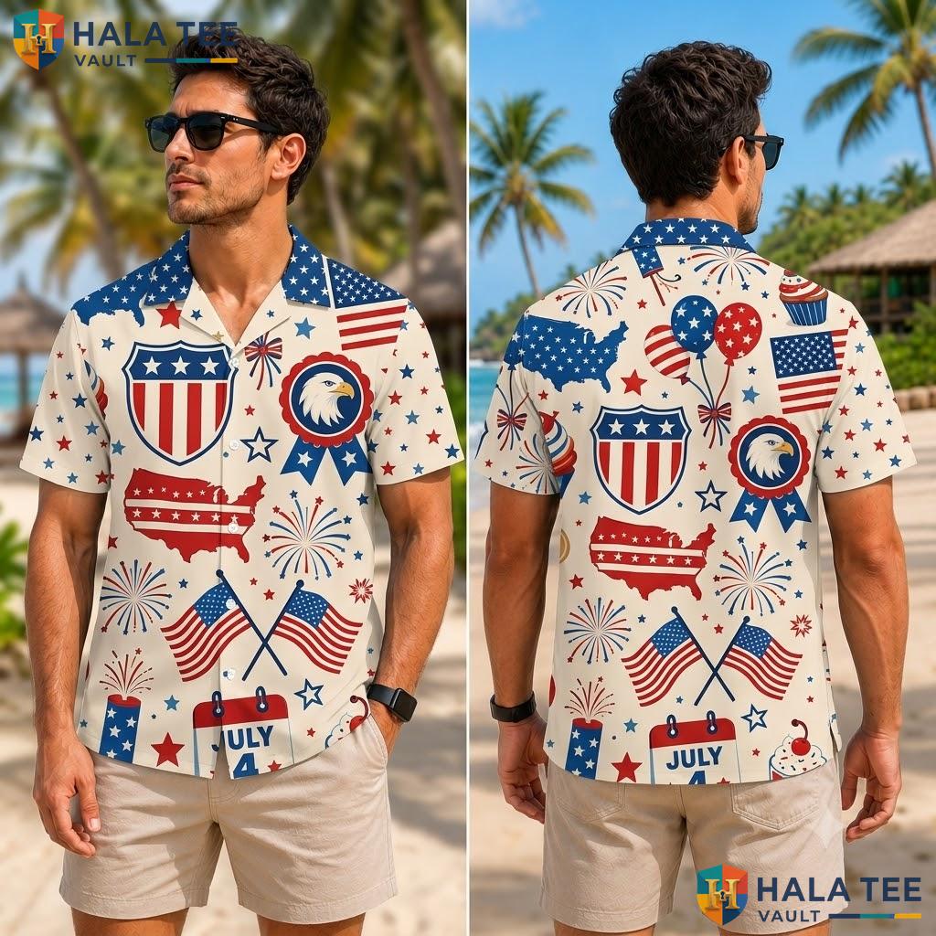Proud Patriotic Independence Hawaiian Shirt Festive Red White Blue Top Adult