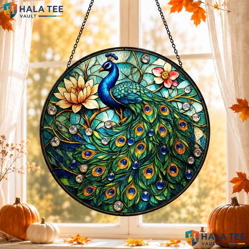 Proud Peacock Stained Glass Suncatcher, Vibrant Floral Indoor Decor Piece