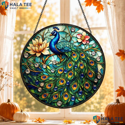 Proud Peacock Stained Glass Suncatcher, Vibrant Floral Indoor Decor Piece