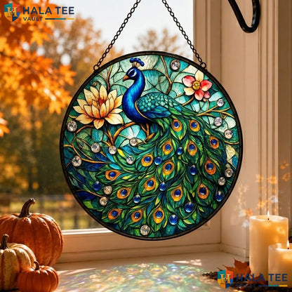 Proud Peacock Stained Glass Suncatcher, Vibrant Floral Indoor Decor Piece Adult