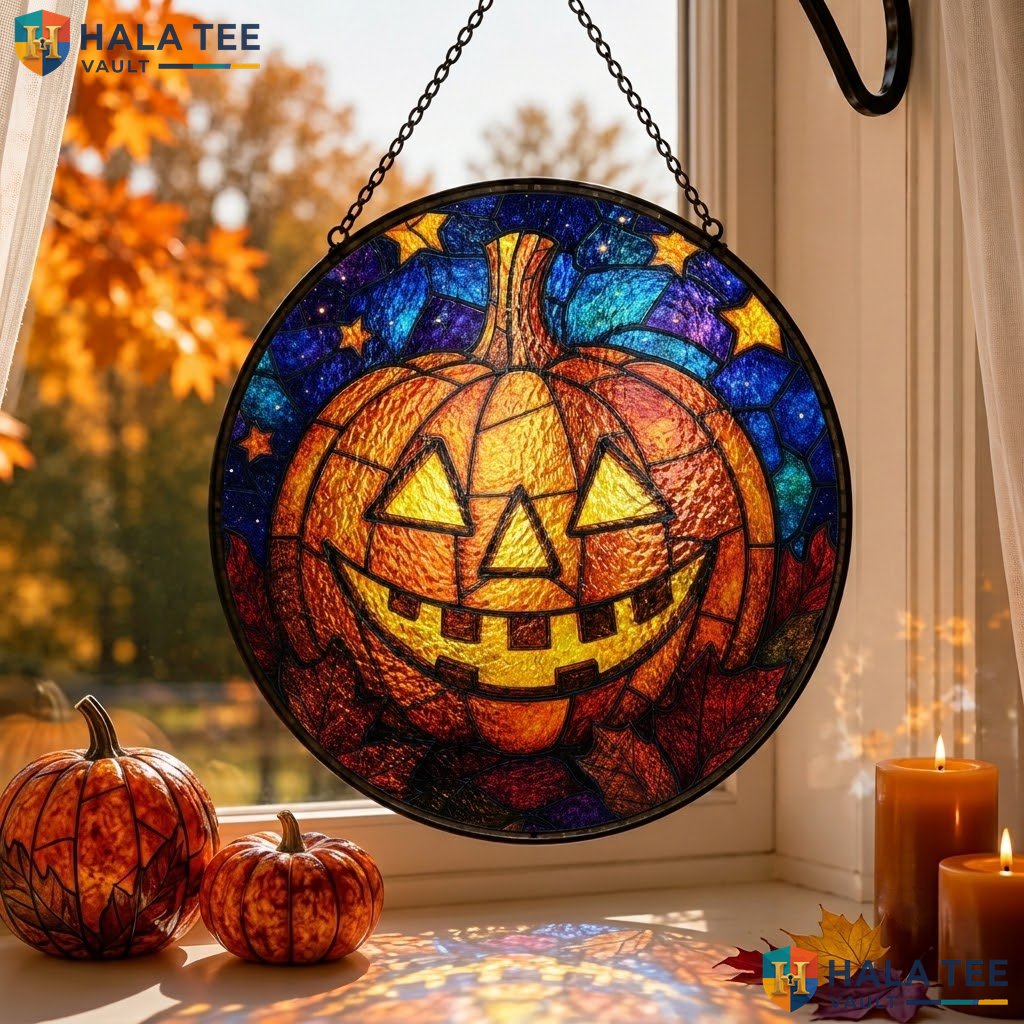 Proud Pumpkin Halloween Stained Glass Suncatcher Vibrant Autumn Gothic Accent