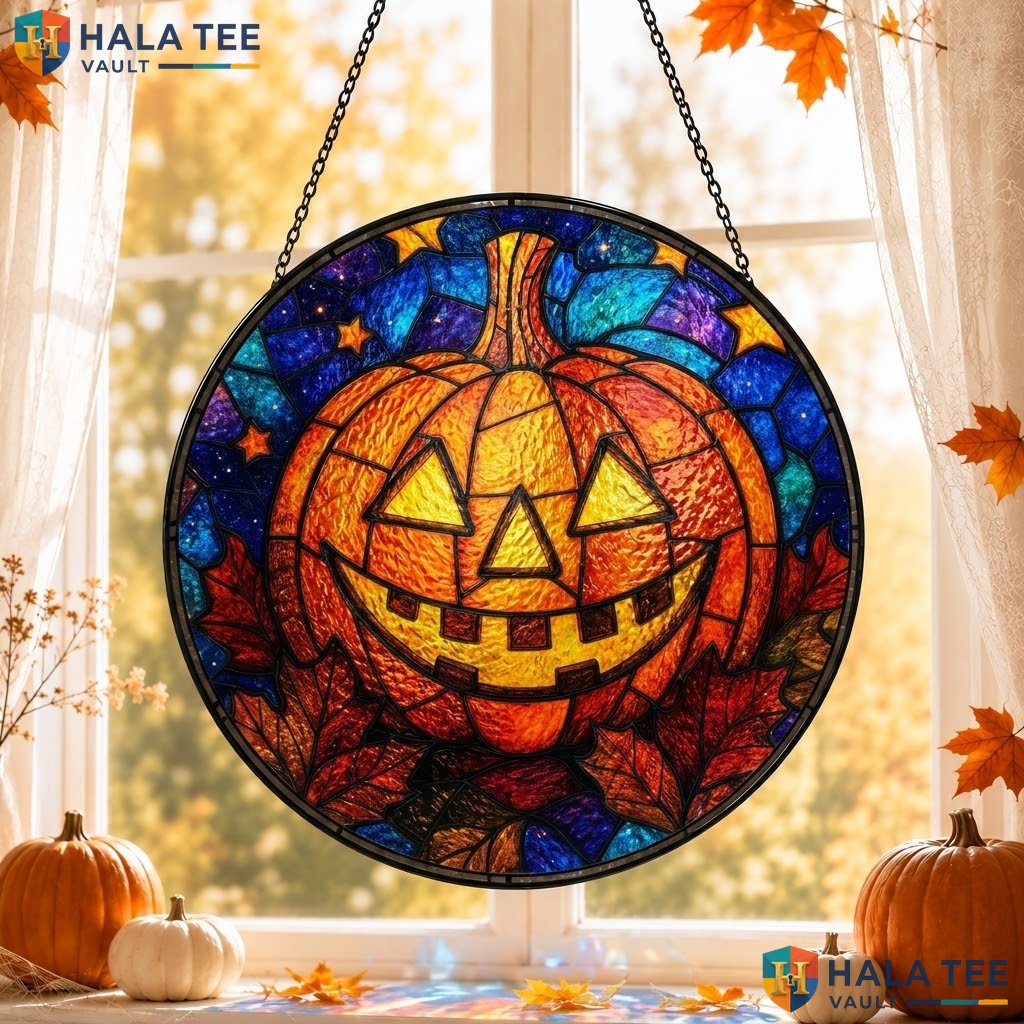 Proud Pumpkin Halloween Stained Glass Suncatcher Vibrant Autumn Gothic Accent Adult