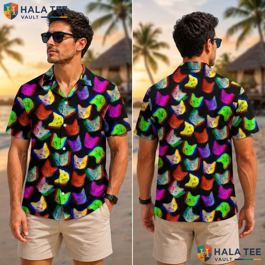 Psychedelic Cat Farm Life Tropical Shirt Mens Aloha Button Down Summer