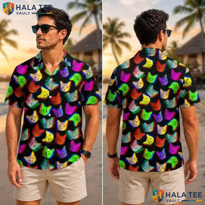 Psychedelic Cat Farm Life Tropical Shirt Mens Aloha Button Down Summer