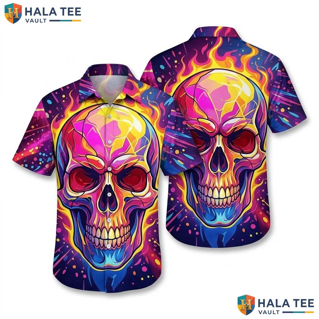 Psychedelic Skull Graphic Hawaiian Shirt Vibrant Flame Bold Fashion Apparel