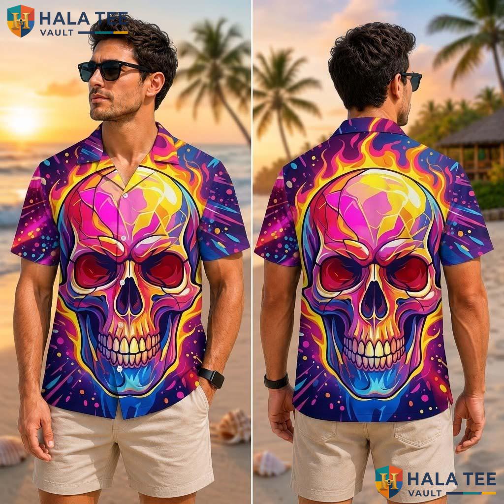 Psychedelic Skull Graphic Tropical Shirt Vibrant Flame Bold Fashion Apparel