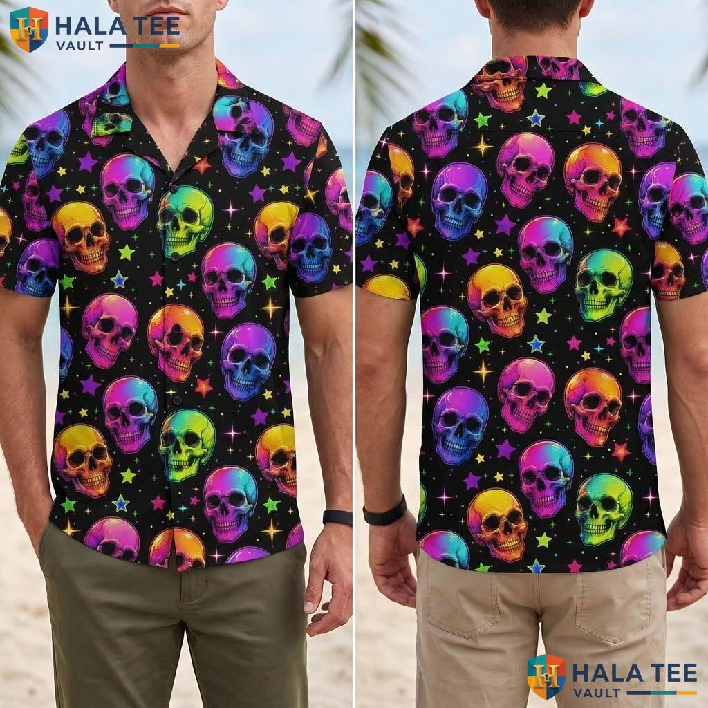 Psychedelic Skull Halloween Hawaiian Shirt Neon Horror Galaxy Aloha Adult