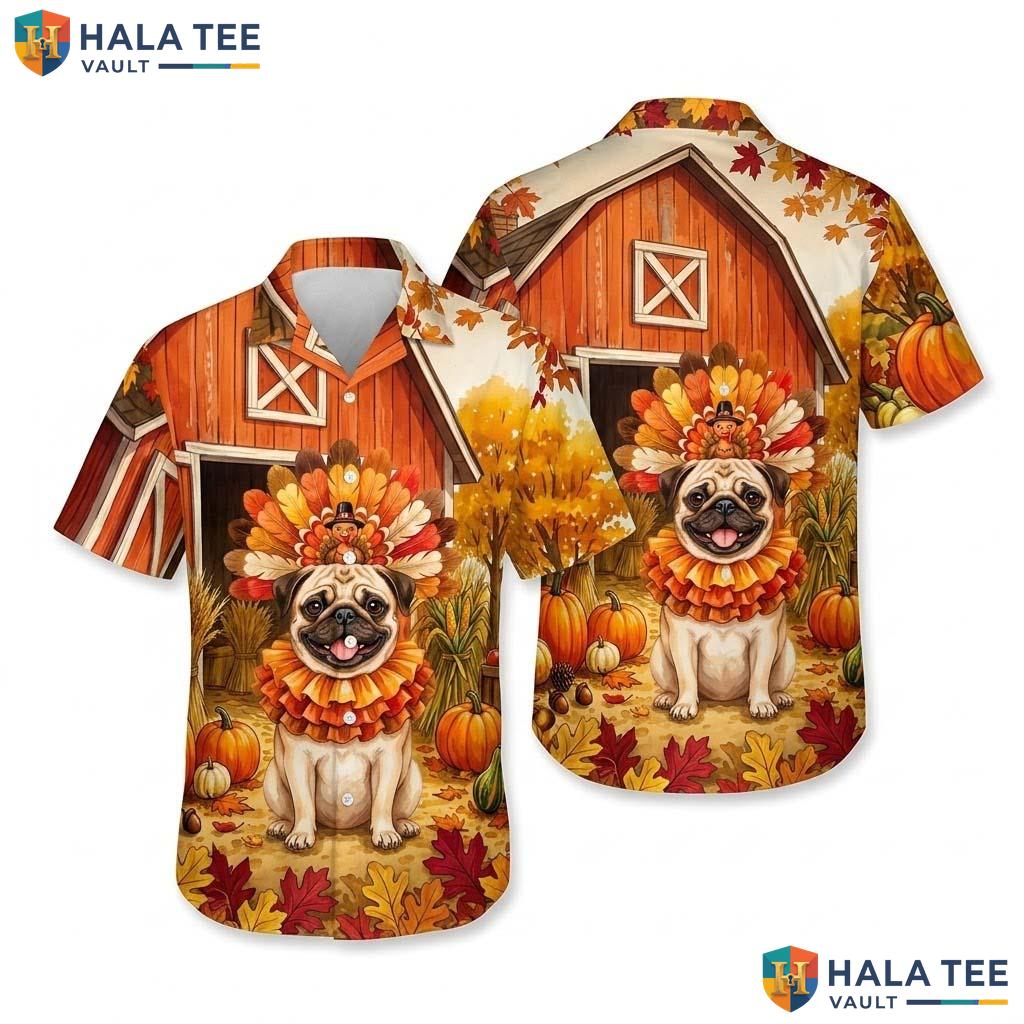 Pug Costume Thanksgiving Hawaiian Shirt Dog In Turkey Fall Scene Mens