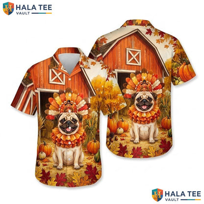 Pug Costume Thanksgiving Hawaiian Shirt Dog In Turkey Fall Scene Mens