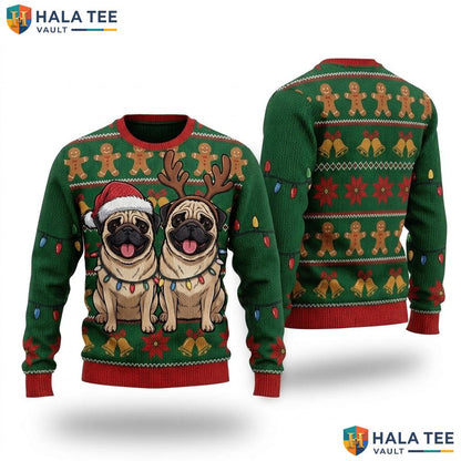 Pug Dog Lights Ugly Christmas Sweater Funny Mens Womens Holiday Top