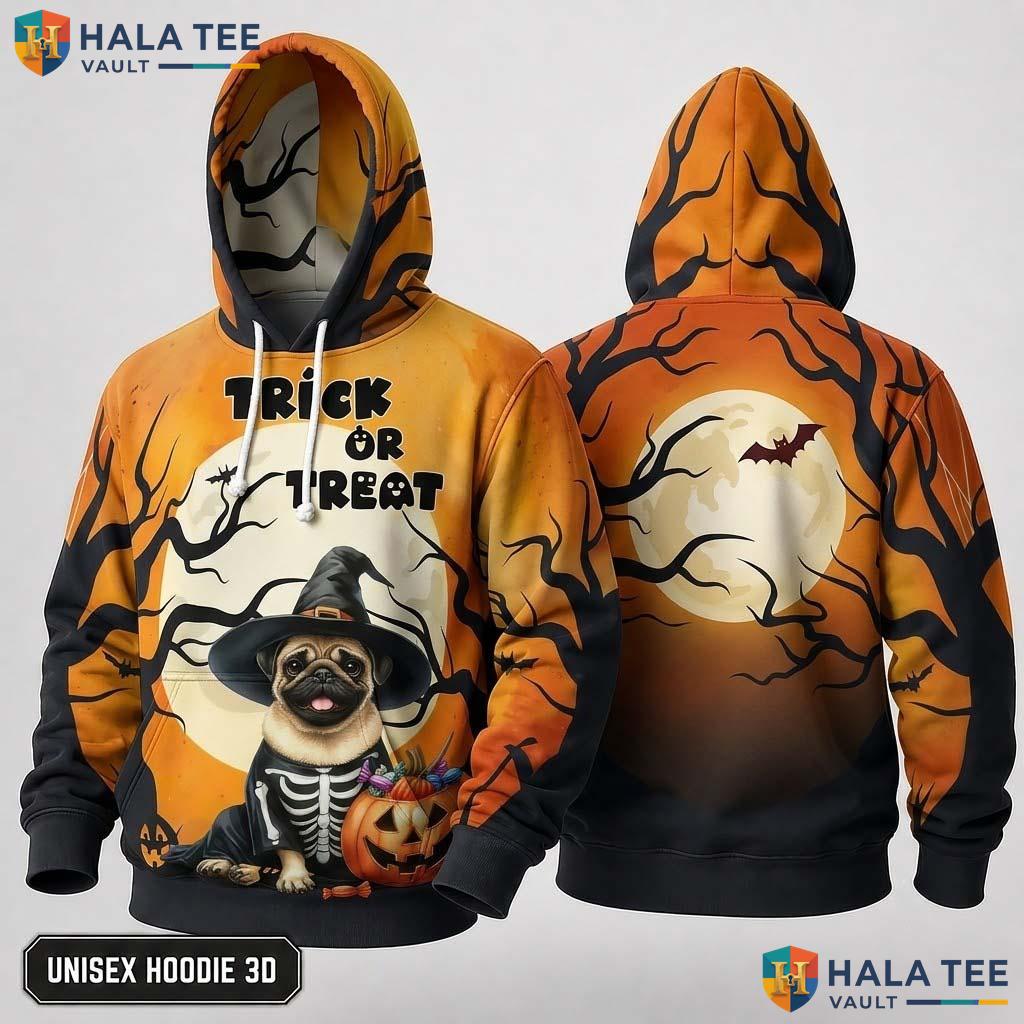 Pug Skeleton Trick Or Treat 3D Hoodie Cute Pumpkin Bat Halloween Top