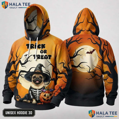 Pug Skeleton Trick Or Treat 3D Hoodie Cute Pumpkin Bat Halloween Top