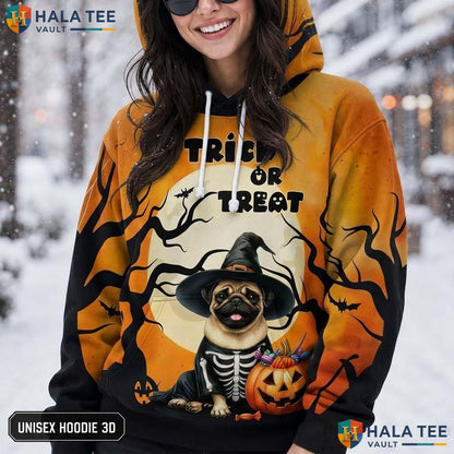 Pug Skeleton Trick Or Treat 3D Printed Hoodie Cute Pumpkin Bat Halloween Top