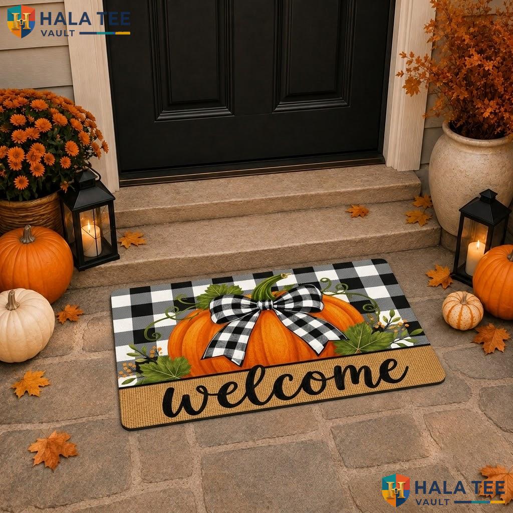 Pumpkin Bow Fall Halloween Doormat Spooky Front Porch Entrance Floor Rug