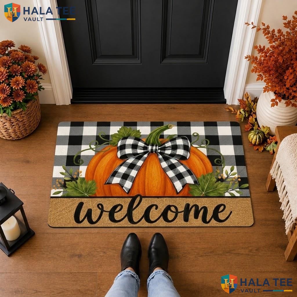 Pumpkin Bow Fall Halloween Front door mat Spooky Front Porch Entrance Floor Rug