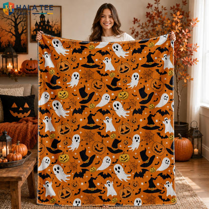 Pumpkin Ghost Fleece Blanket Spooky Orange Halloween Gifts
