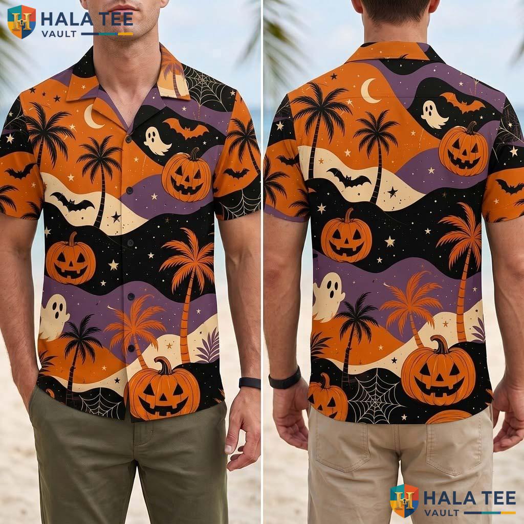Pumpkin Ghost Halloween Hawaiian Shirt Spooky Tropical Beach Aloha Adult