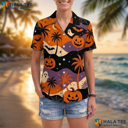 Pumpkin Ghost Halloween Hawaiian Shirt Spooky Tropical Beach Aloha Adult