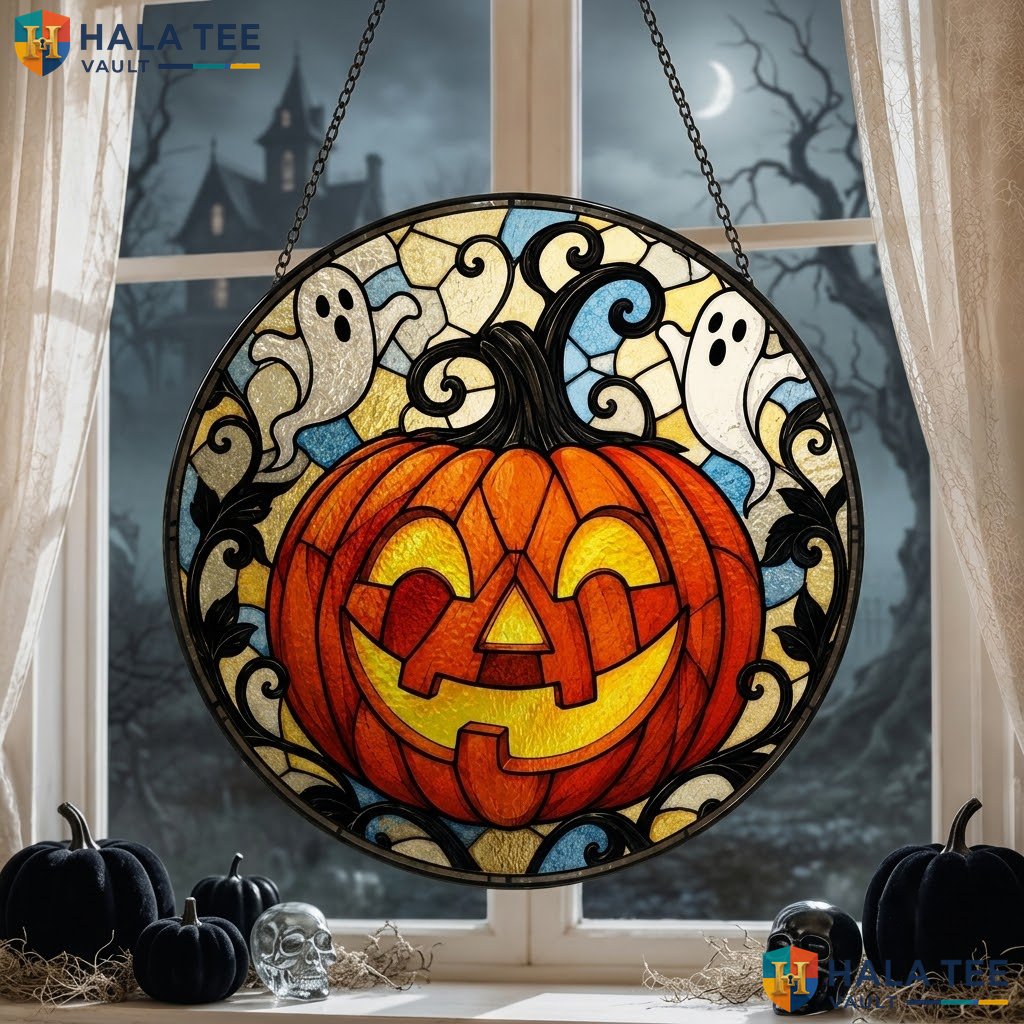 Pumpkin Ghost Halloween Stained Glass Suncatcher Cheerful Spooky Ornament