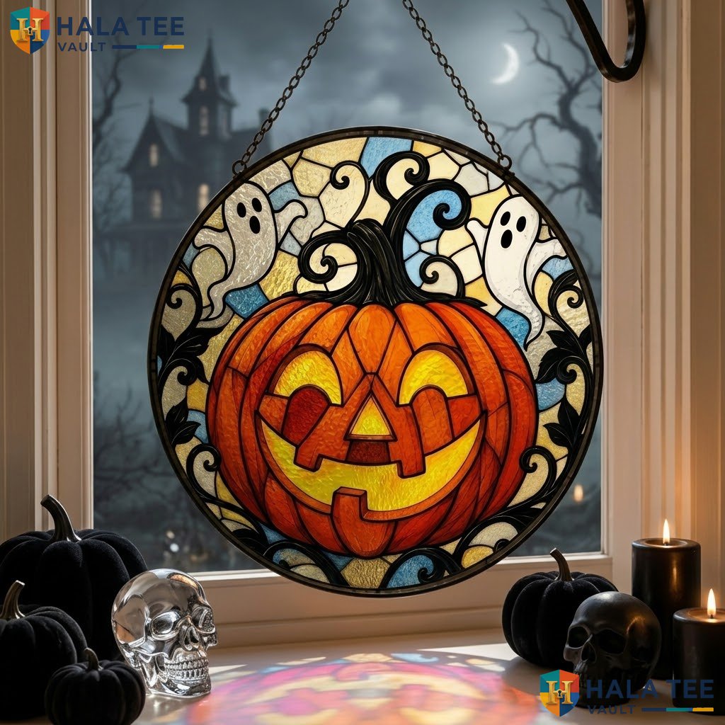 Pumpkin Ghost Halloween Stained Glass Suncatcher Cheerful Spooky Ornament Adult