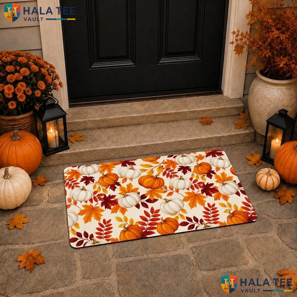 Pumpkin Maple Leaf Halloween Doormat Trick Or Treat Front Porch Welcome Rug