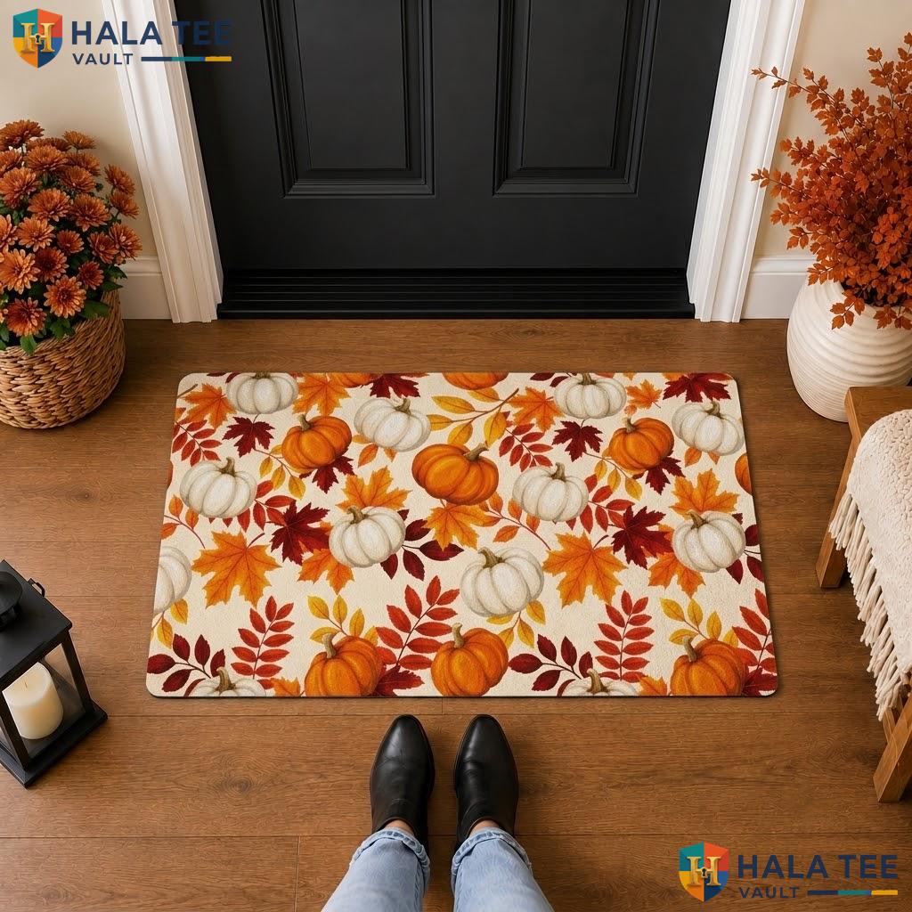 Pumpkin Maple Leaf Halloween Front door mat Trick Or Treat Front Porch Welcome Rug