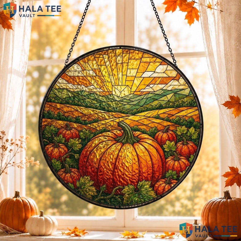 Pumpkin Patch Halloween Stained Glass Suncatcher Vintage Autumn Garden Accent