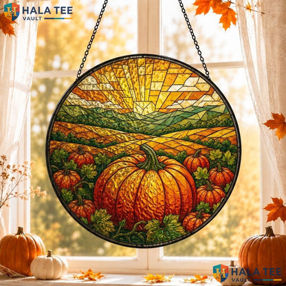 Pumpkin Patch Halloween Stained Glass Suncatcher Vintage Autumn Garden Accent
