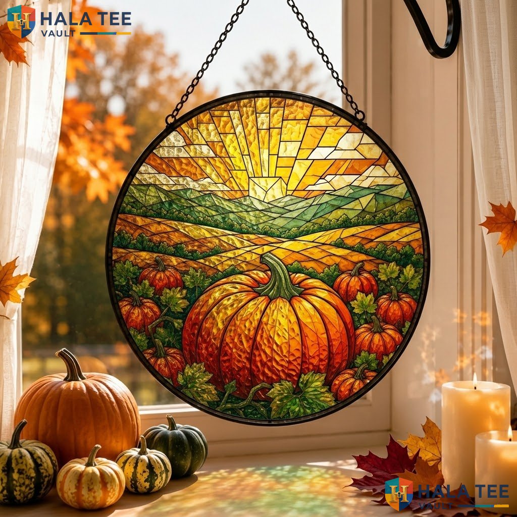 Pumpkin Patch Halloween Stained Glass Suncatcher Vintage Autumn Garden Accent Adult