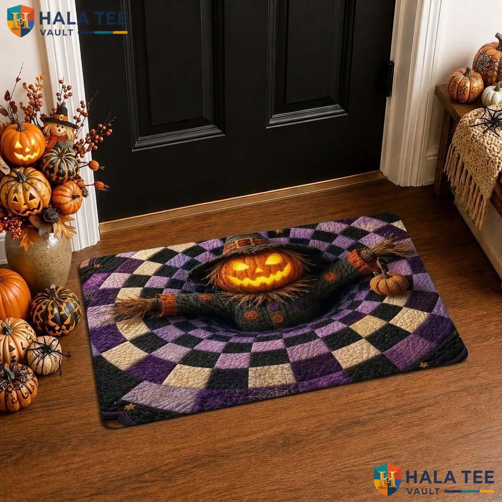 Pumpkin Scarecrow Halloween Front door mat 3D Optical Illusion Spooky Decor Top