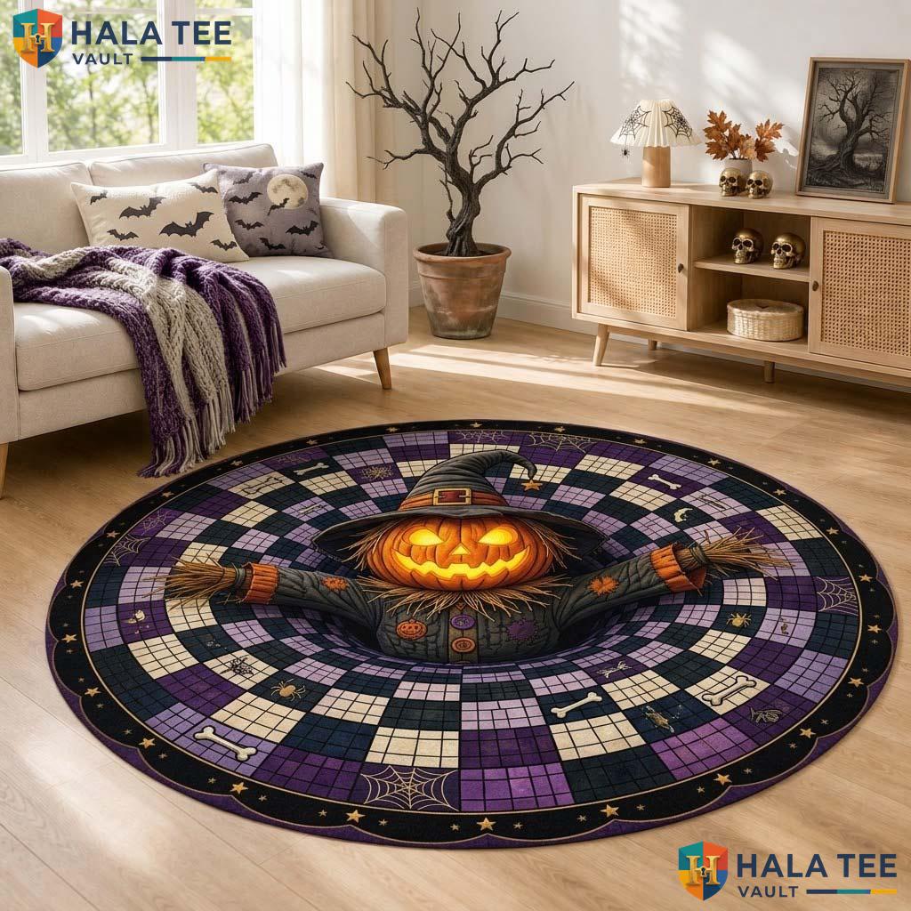 Pumpkin Scarecrow Halloween Round Area Rug 3D Spooky Optical Illusion