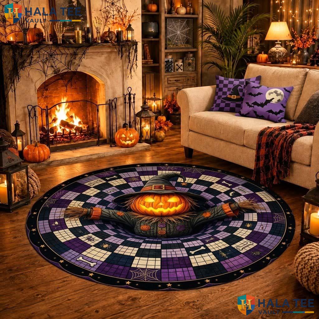 Pumpkin Scarecrow Halloween Round Area Rug 3D Spooky Optical Illusion Adult