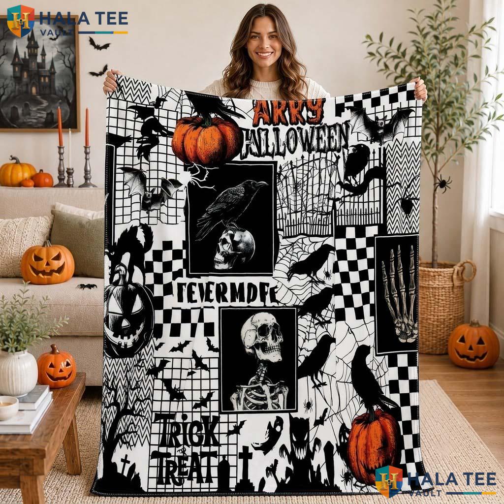 Pumpkin Skeleton Halloween Blanket Gothic Black White Crow Web Throw