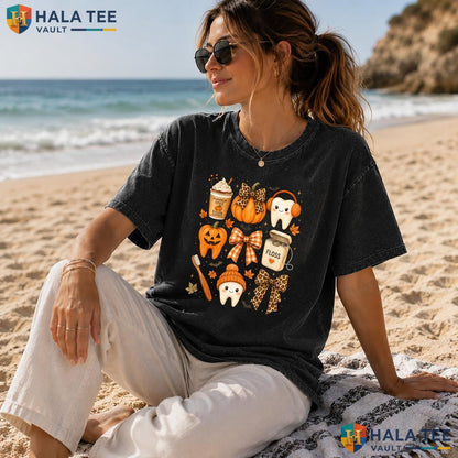 Pumpkin Tooth Dentist Heavyweight Washed Shirt Funny Dental Humor Halloween Apparel