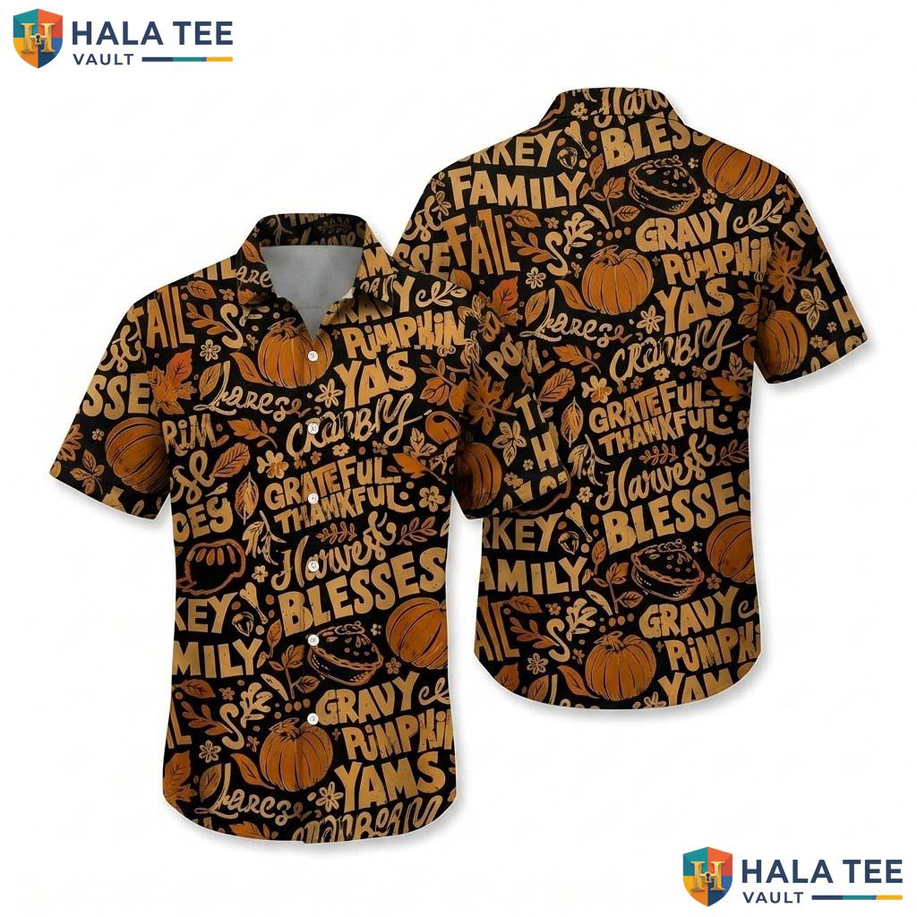 Pumpkin Turkey Thanksgiving Hawaiian Shirt Fall Print Button Up Mens