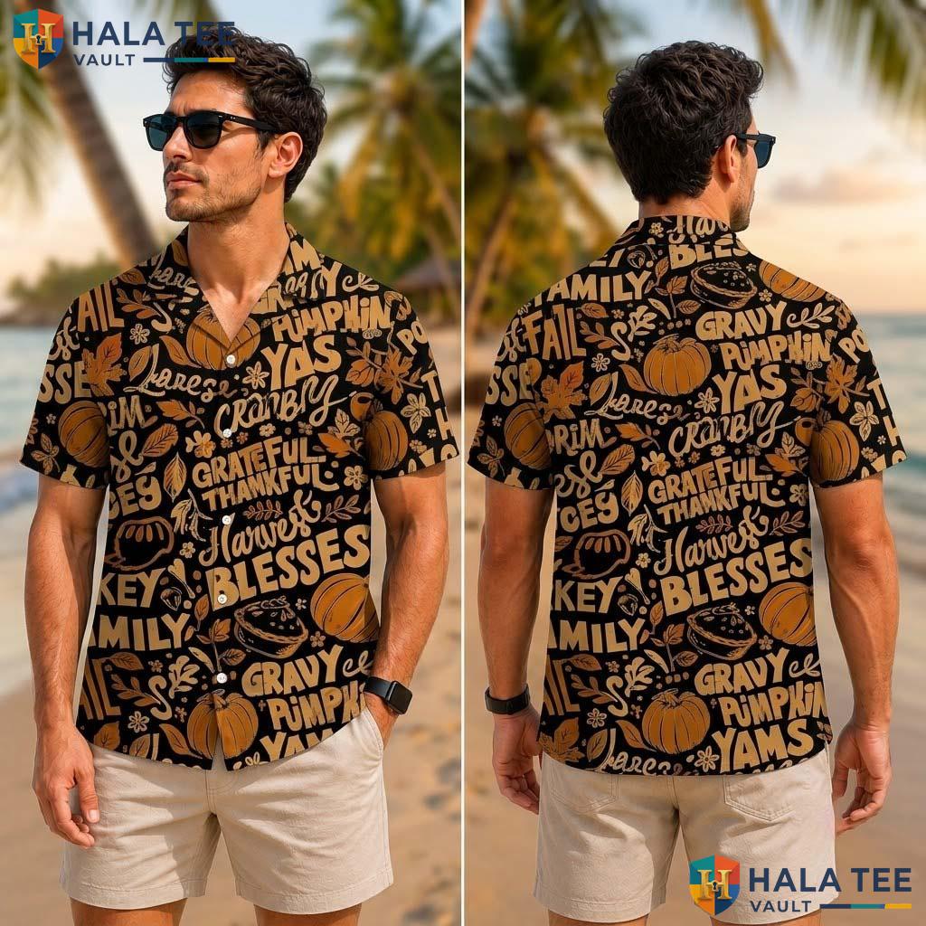 Pumpkin Turkey Thanksgiving Tropical Shirt Fall Print Button Up Mens