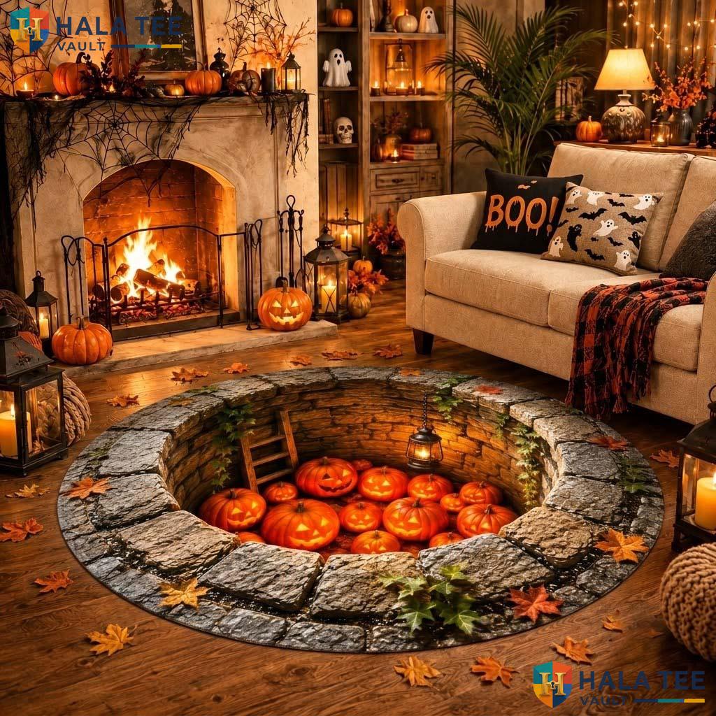 Pumpkin Vortex Halloween Round Area Rug 3D Gothic Floor Skeleton Mat Adult