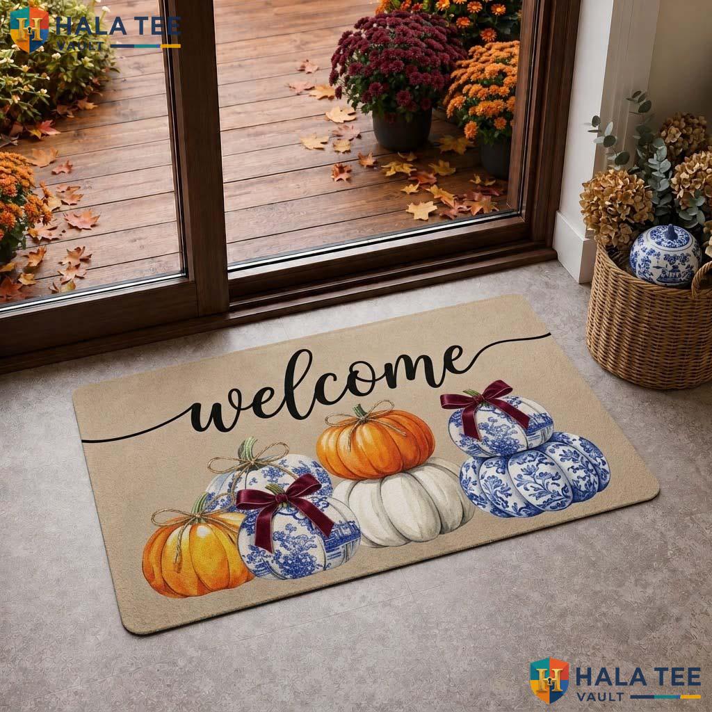 Pumpkin Welcome Fall Doormat Cozy Outdoor Halloween Entrance Rug Decor